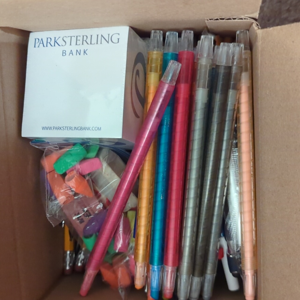School supplies bundle: pencils, erasers, pens, art supplies